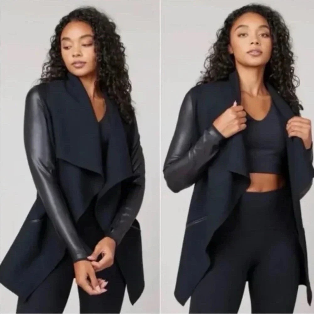 SPANX Drape Front Waterfall Jacket Very Black Faux Leather Ponte Convertible L